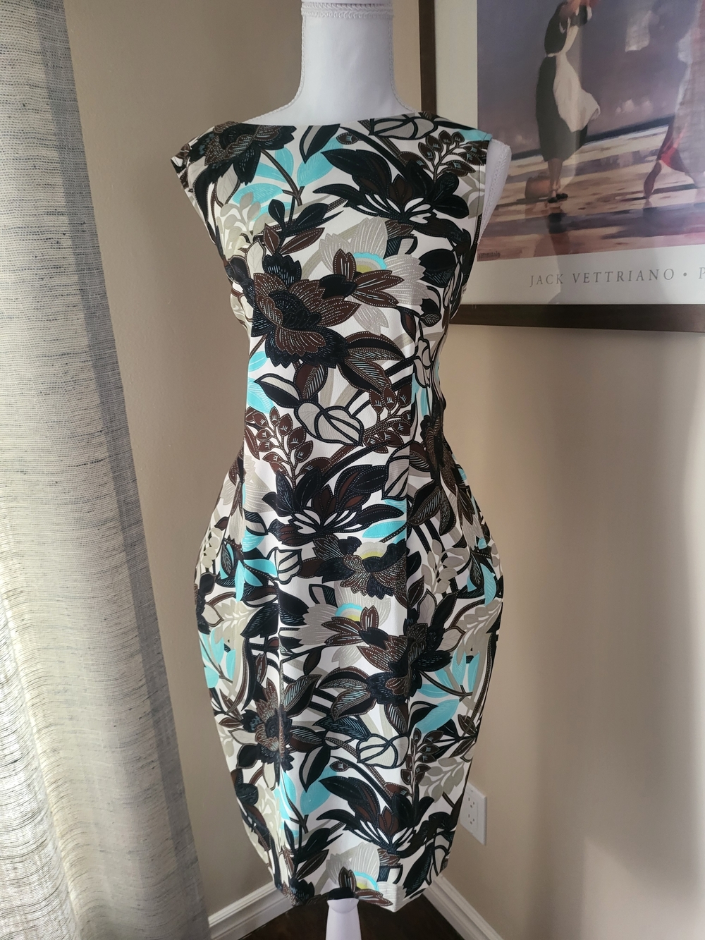 Connected Floral Sheath Dress in Aqua, Black & Brown